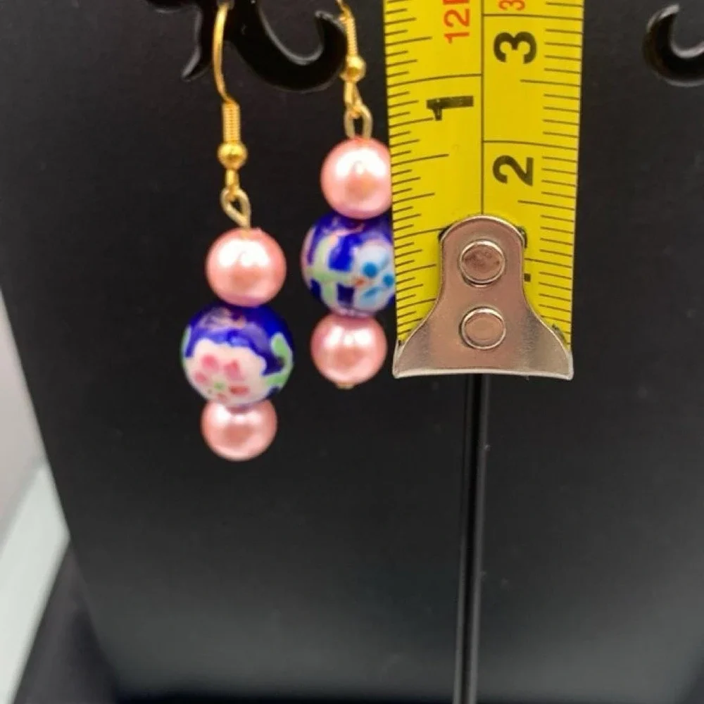 Blue floral art glass earrings with pink faux pearls